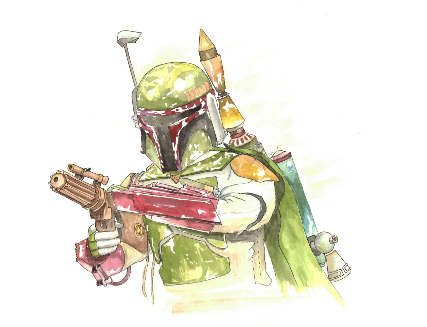 A watercolour and ink painting of the Star Wars character Boba Fett in his green and red helmet and armour, aiming a blaster, with a jetpack on his back.