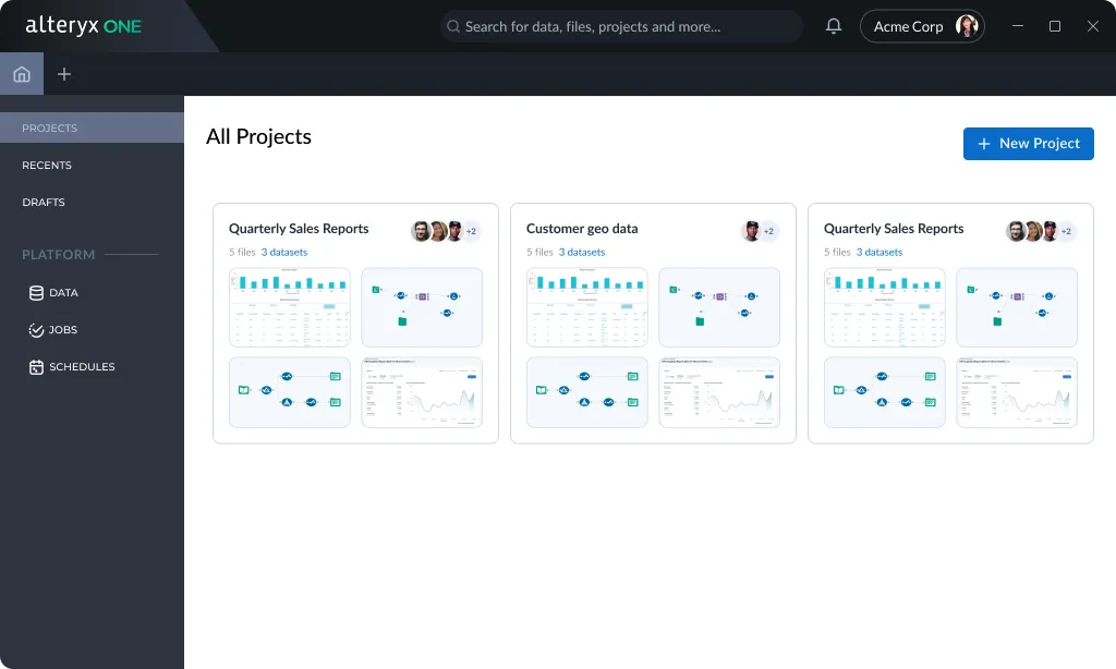 Alteryx One All Projects view. A dark sidebar lists Projects, Recents and Drafts above platform features Data, Jobs and Schedules. The main panel shows project cards such as Quarterly Sales Reports and Customer geo data, each with collaborator avatars, a count of files and datasets, and thumbnails of the files inside.