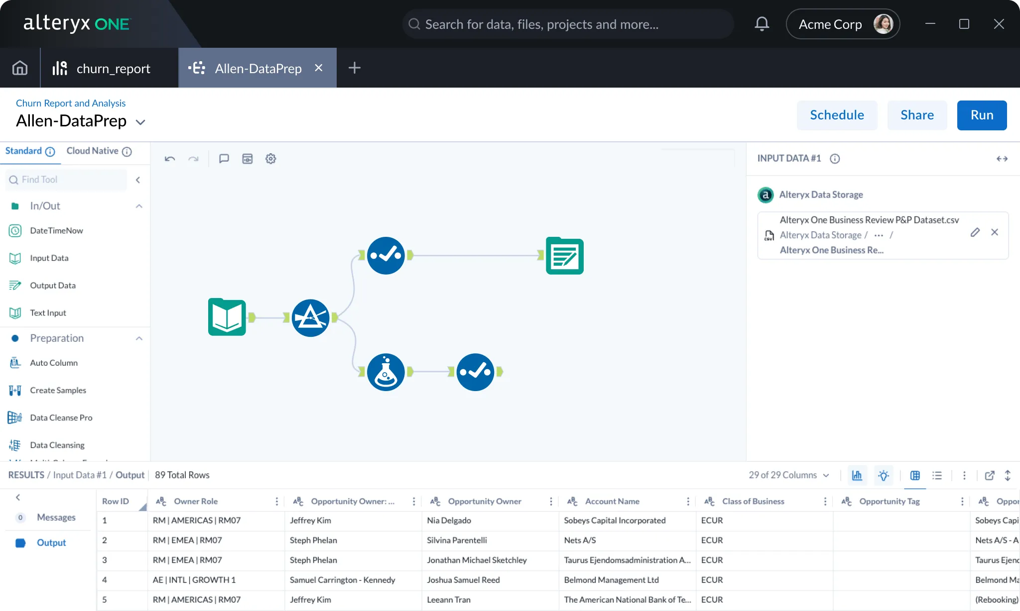 A workflow file open in Alteryx One. Tabs across the top hold the home screen, the churn_report file and the open Allen-DataPrep workflow. Below them sit the tool palette, the workflow canvas, an input data panel and a results grid.