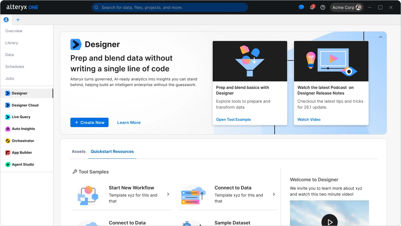 The Designer product page inside Alteryx One: a banner reading "Prep and blend data without writing a single line of code" with Create New and Learn More, learning resource cards, and Assets and Quickstart Resources tabs below.