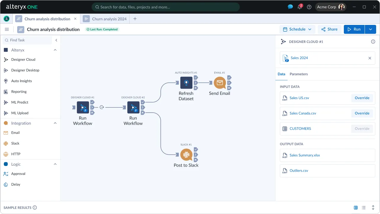 A plan file, Churn analysis distribution, open in an Alteryx One tab. Its canvas chains two Run Workflow tasks into Refresh Dataset, Send Email and Post to Slack steps, with a task palette on the left and input and output data on the right.