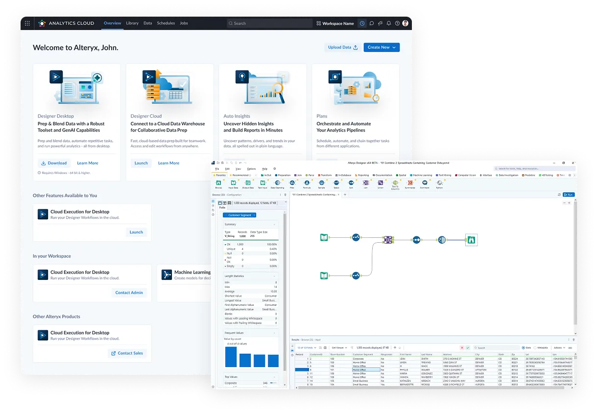 Two legacy Alteryx products, overlapping. Behind: the Alteryx Analytics Cloud home page, "Welcome to Alteryx, John," with product cards for Designer Desktop, Designer Cloud, Auto Insights and Plans, each with its own Download or Launch button, above rows of features marked Launch, Contact Admin or Contact Sales. In front: the Alteryx Designer desktop app, with a tool palette ribbon, a workflow of connected tool icons on the canvas, a field profile panel and a results data grid.
