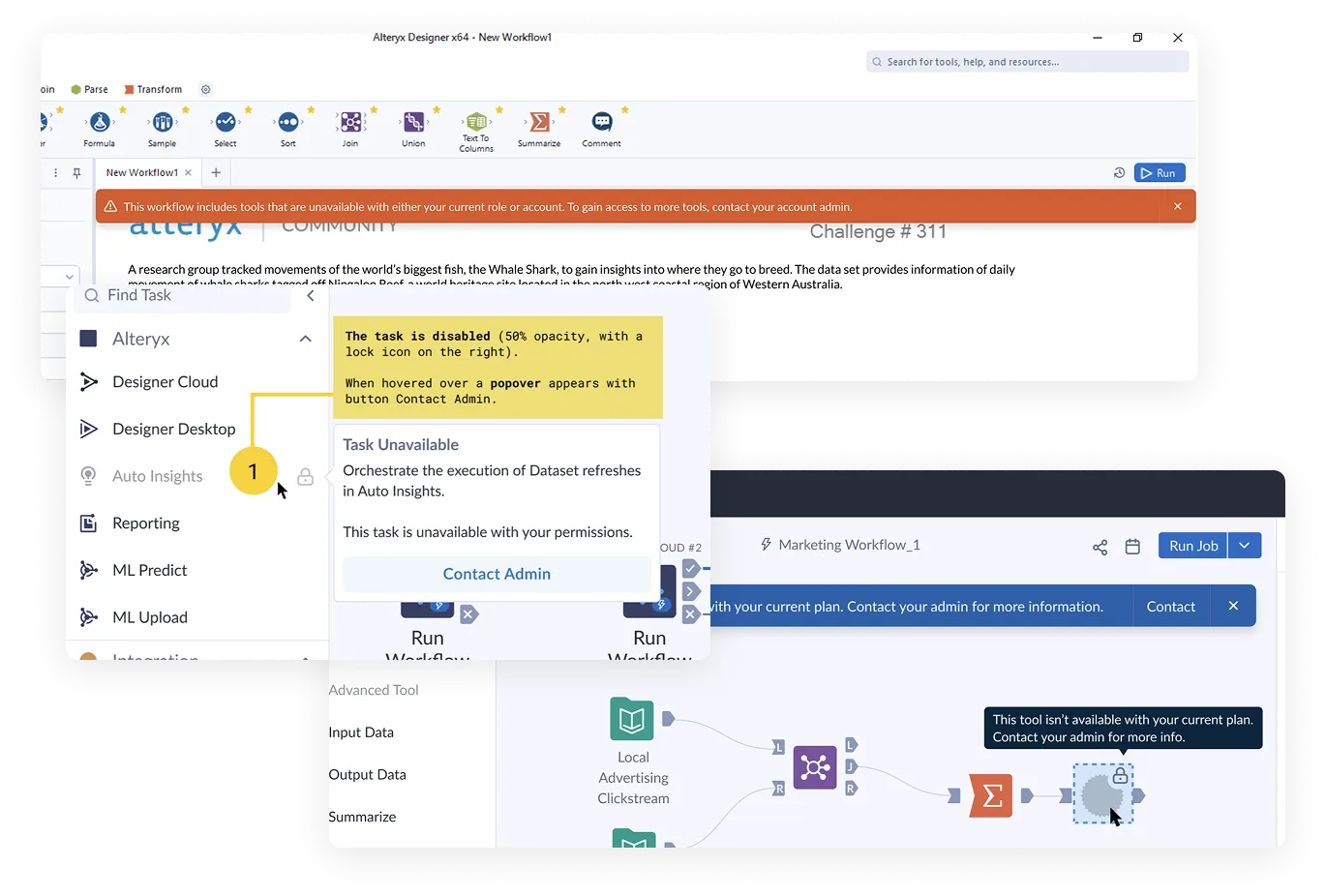 Three overlapping examples of inconsistent gating. The Alteryx Designer desktop app with an orange banner: "This workflow includes tools that are unavailable with either your current role or account. To gain access to more tools, contact your account admin." A task list where Auto Insights is dimmed with a lock icon and a "Task Unavailable" popover offers Contact Admin, annotated with a yellow design note. A cloud workflow canvas with a blue banner saying a tool is unavailable with the current plan, and a locked tool whose tooltip reads "This tool isn't available with your current plan. Contact your admin for more info."