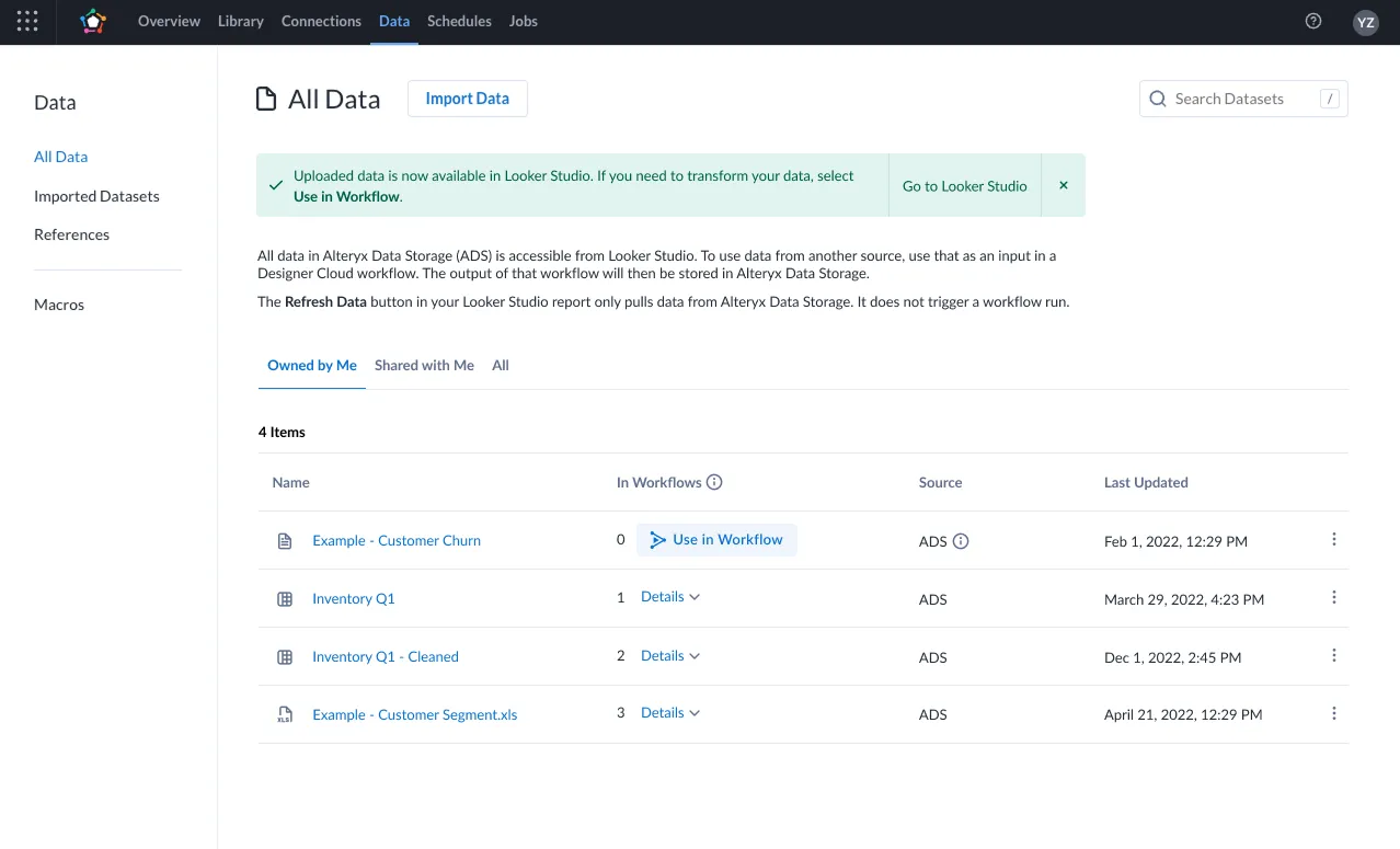 The All Data page that Looker Studio users land on. A green banner reads "Uploaded data is now available in Looker Studio. If you need to transform your data, select Use in Workflow," with a Go to Looker Studio button. Below, an explanation of Alteryx Data Storage and a list of datasets, each with a Use in Workflow button or workflow details.
