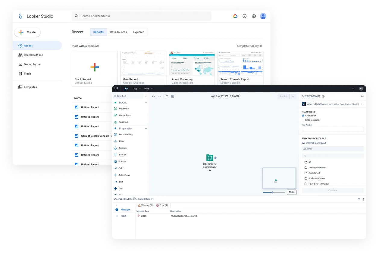 A Designer Cloud workflow overlapping the Google Looker Studio home page. Looker Studio shows a Create button, report templates such as GA4 Report and Search Console Report, and a list of untitled reports. The workflow holds a single input dataset; its Output Data panel is set to Alteryx Data Storage, labelled "Accessible from Looker Studio", and the results pane shows an error that the output tool is not configured.