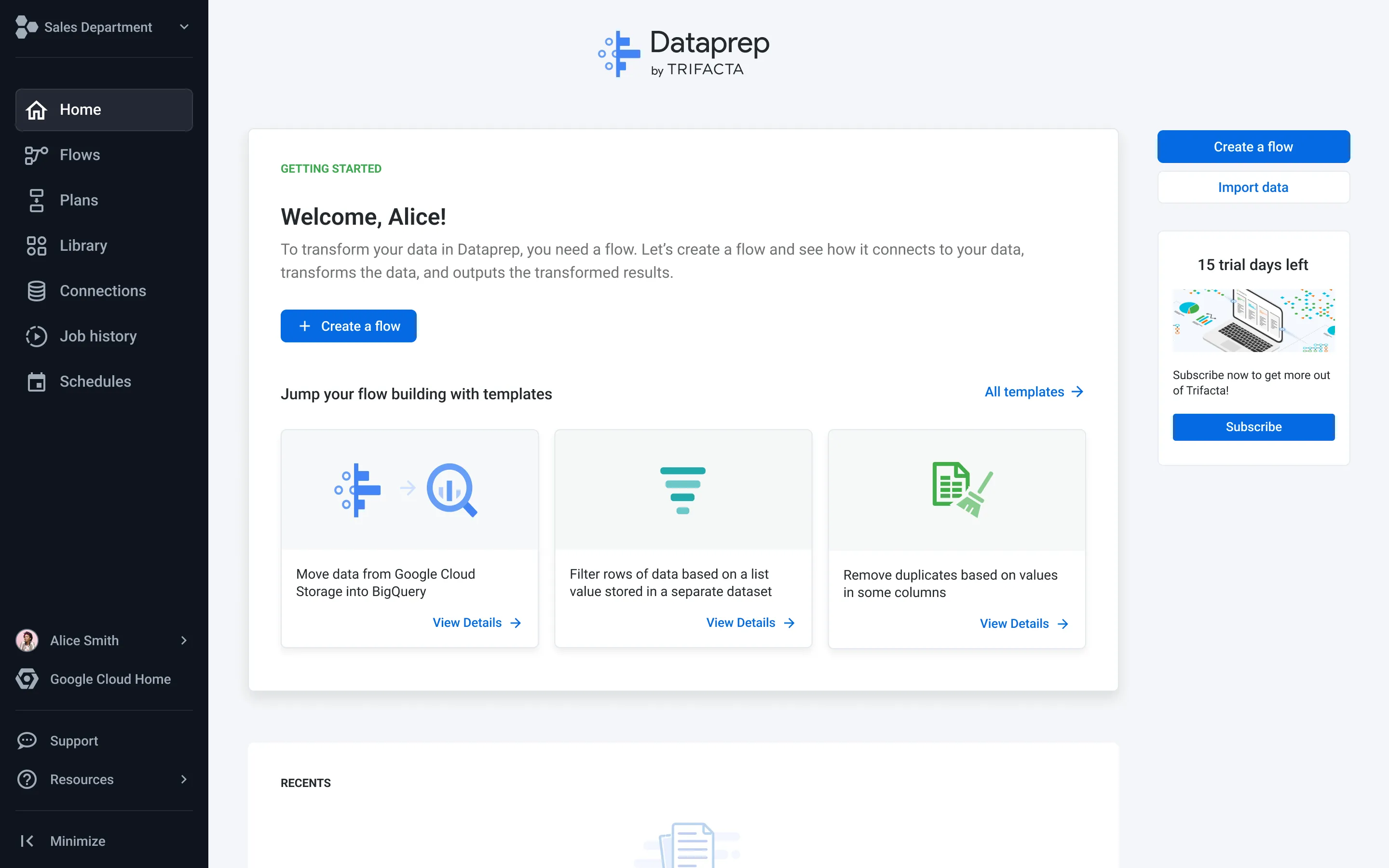 The Trifacta Dataprep home screen, headed "Welcome, Alice!" A getting-started panel explains that a flow is needed to transform data and offers a Create a flow button, above three template cards for moving data into BigQuery, filtering rows, and removing duplicates. A right-hand rail shows "15 trial days left" with a Subscribe button.