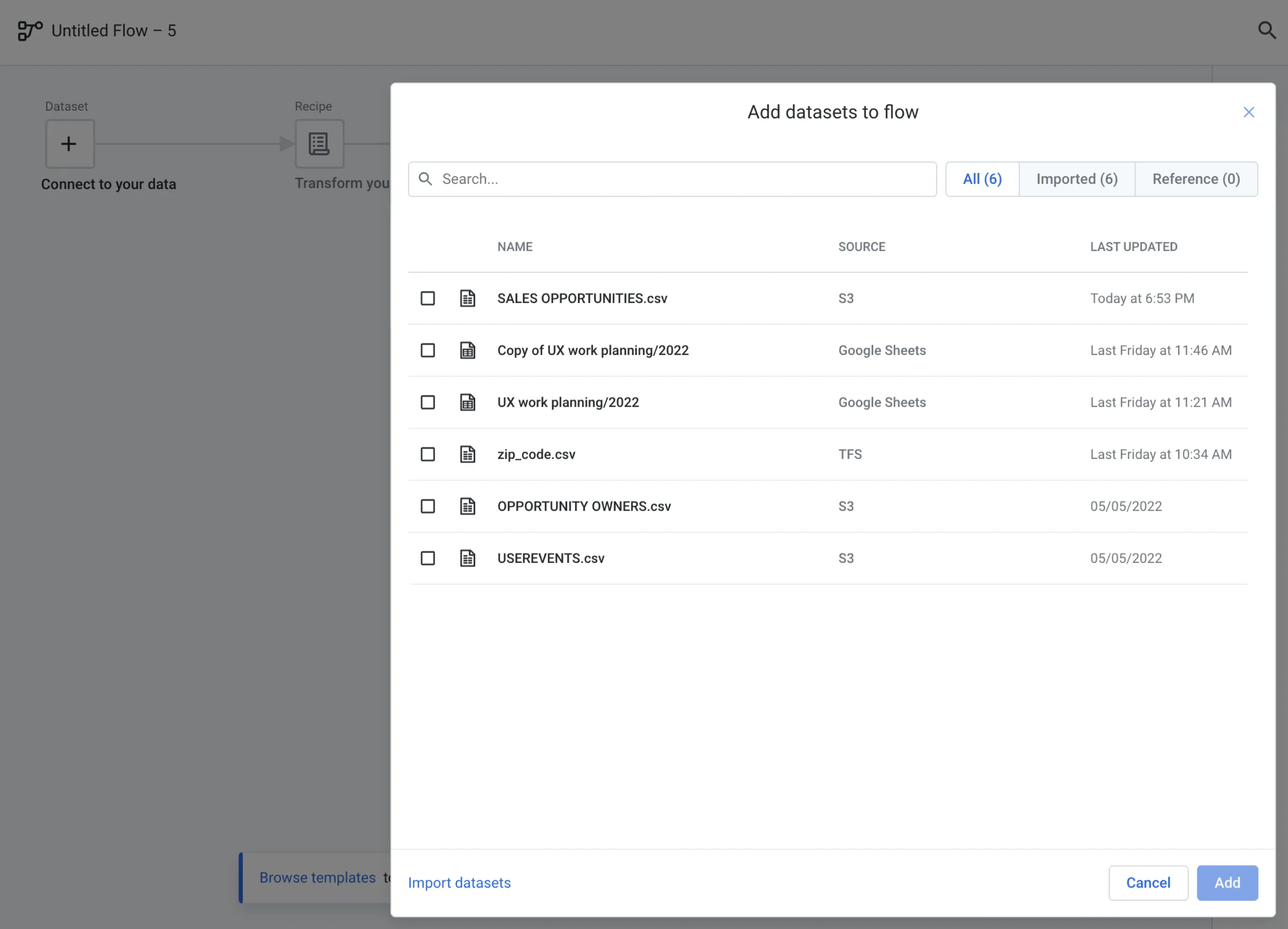 The old "Add datasets to flow" modal over an untitled flow: a searchable list of already-imported files with checkboxes and All, Imported and Reference tabs. The only way to bring in new data is a small "Import datasets" link in the bottom corner.