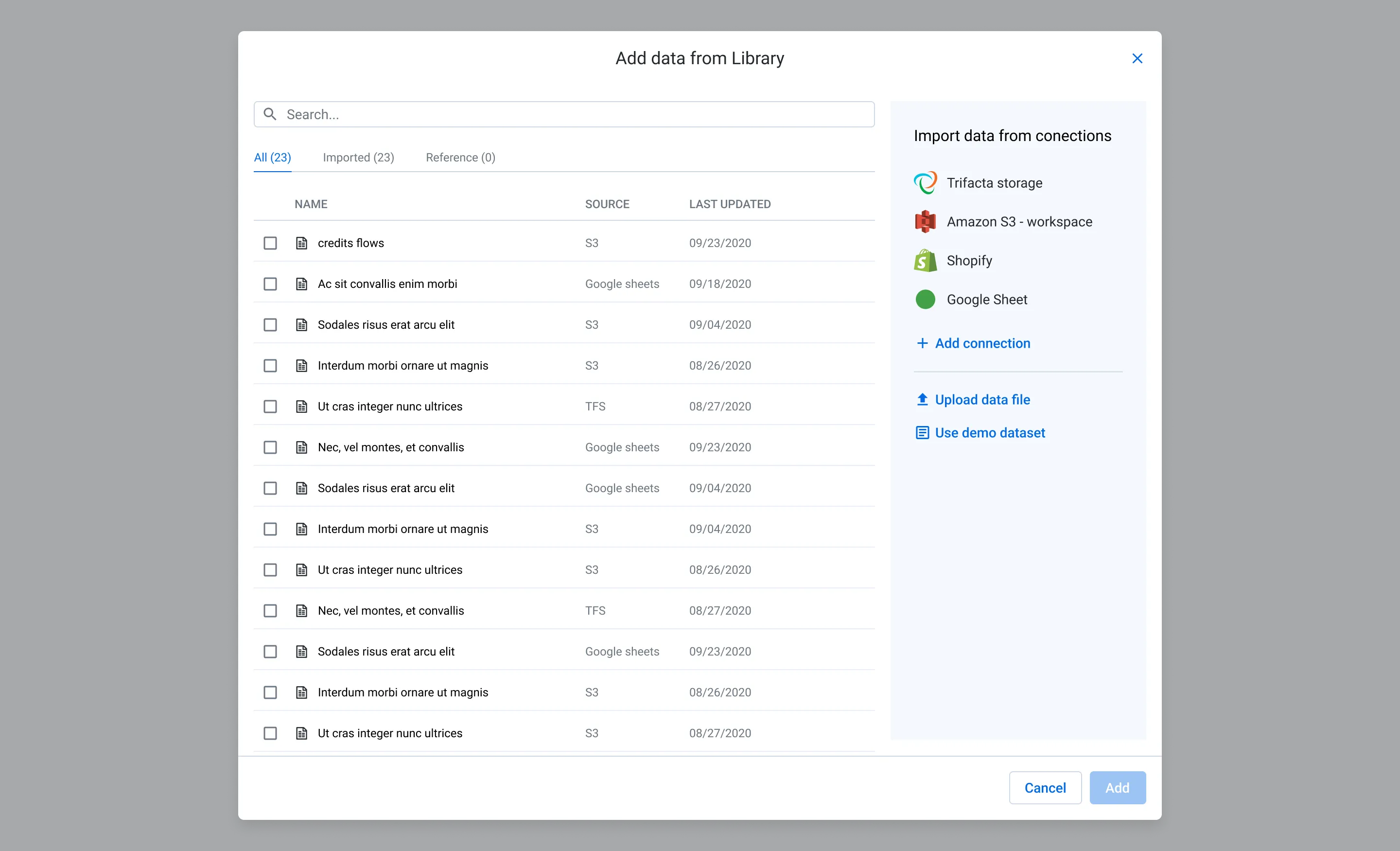 The redesigned "Add data from Library" modal. The dataset list stays on the left, and a new right panel lists every way to import data: Trifacta storage, Amazon S3, Shopify and Google Sheet connections, plus Add connection, Upload data file and Use demo dataset.